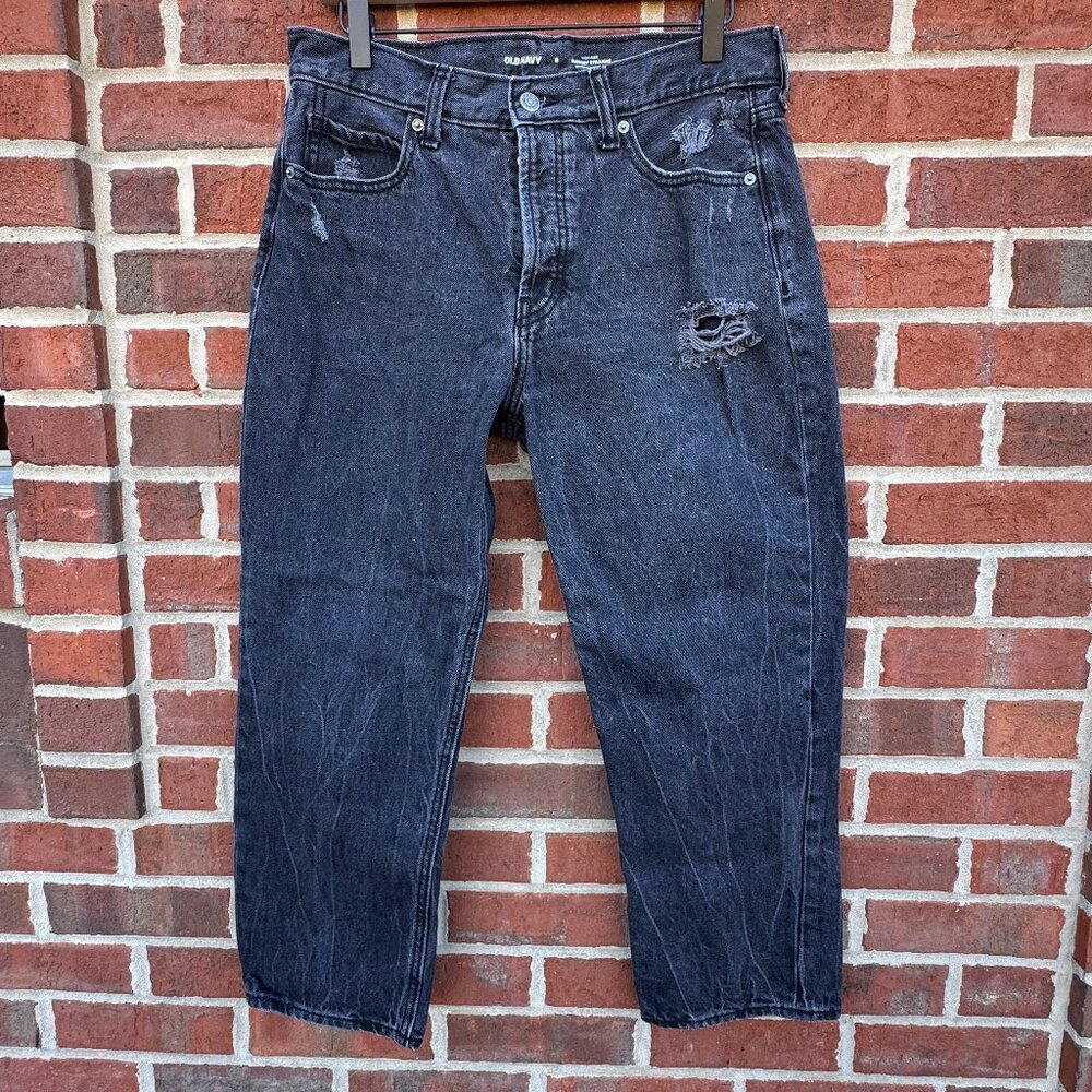Old Navy Jeans Size 8 Black Button Fly High Rise Slouchy Straight  Distressed